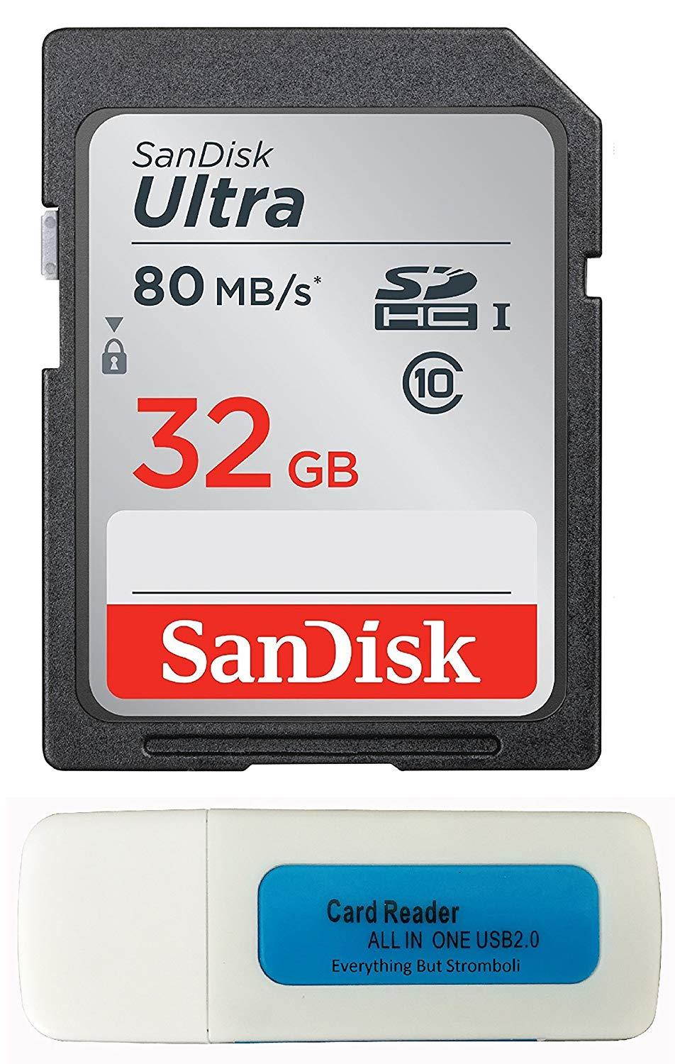 SanDisk Ultra SD Memory Card works with Nikon Coolpix L340, B500, A10, L32, S7000, A300, P900, Camera UHS-I Class 10 Up to 80MB with Everything But Stromboli Memory Card Reader (32 GB)