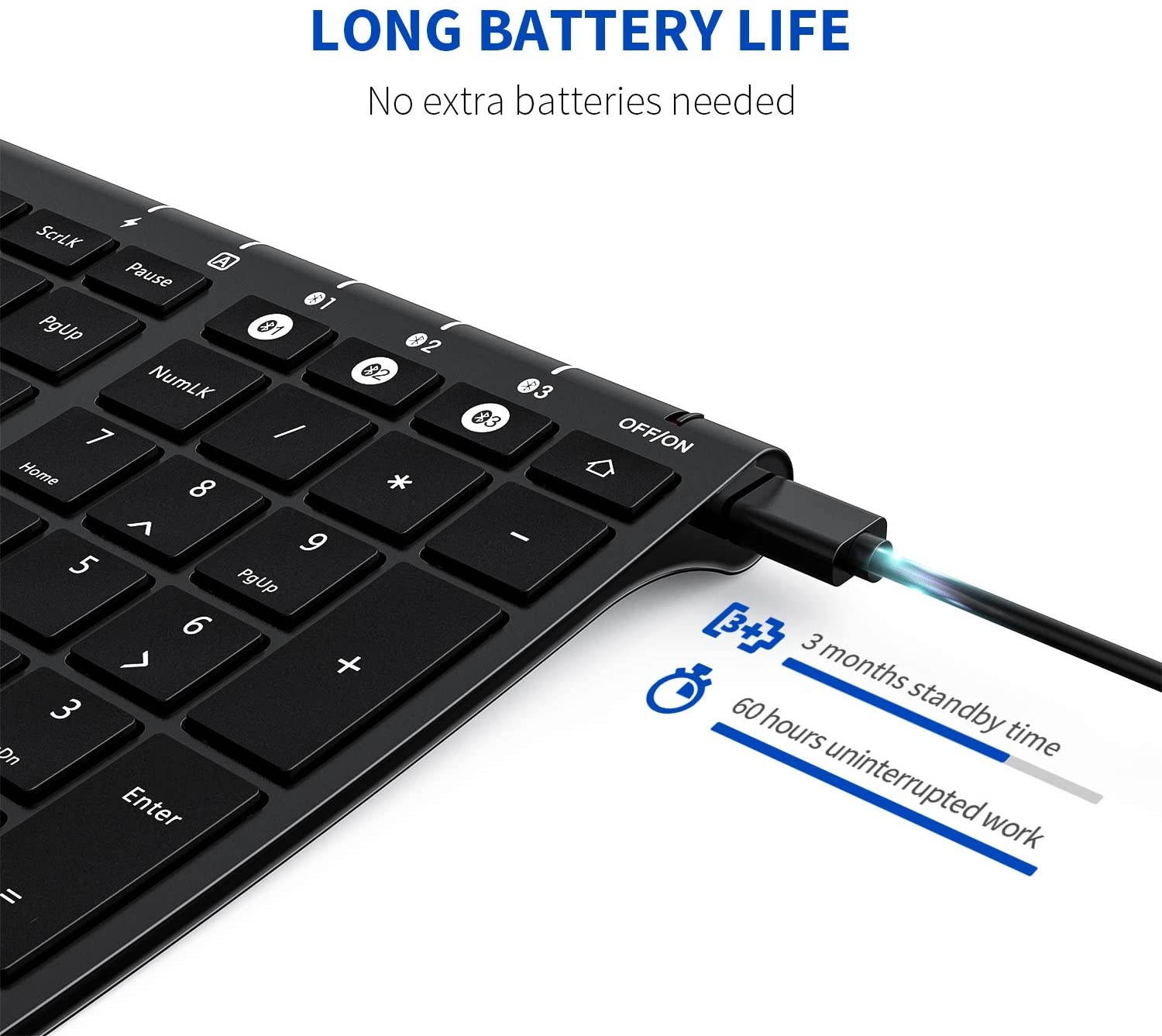 Multi-Device Bluetooth Keyboard - Jelly Comb Rechargeable Wireless Keyboard Full Size Ultra Slim Bluetooth Keyboard with Number Pad Compatible with Windows, Android, Mac OS and iOS (Black)