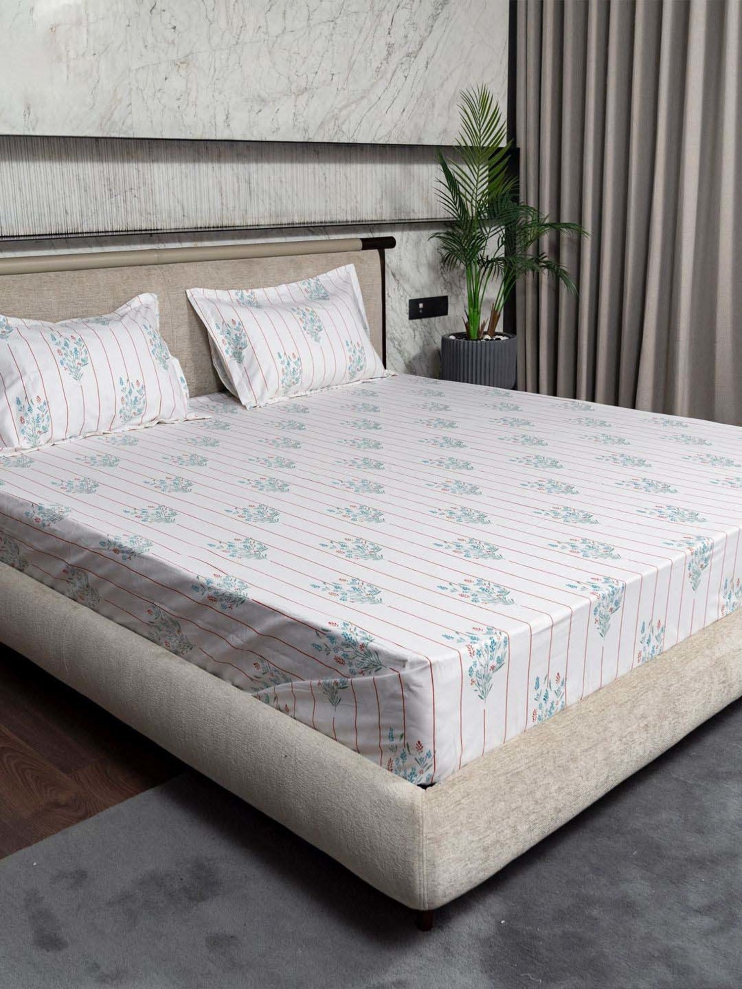 House This Juniper Blue Cotton 600 TC Double Size Bedsheet With Pillow Covers