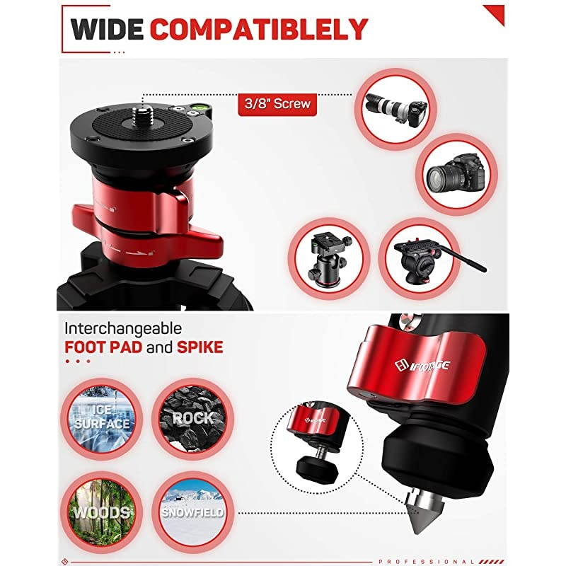 Carbon Fiber Travel Tripod, 59" Professional Video Camera Tripods 4 Sections with Centre Pole,Compatible with Canon, Nikon, Sony DSLR Camcorder Video Photography, Max Load 13.2 lbs