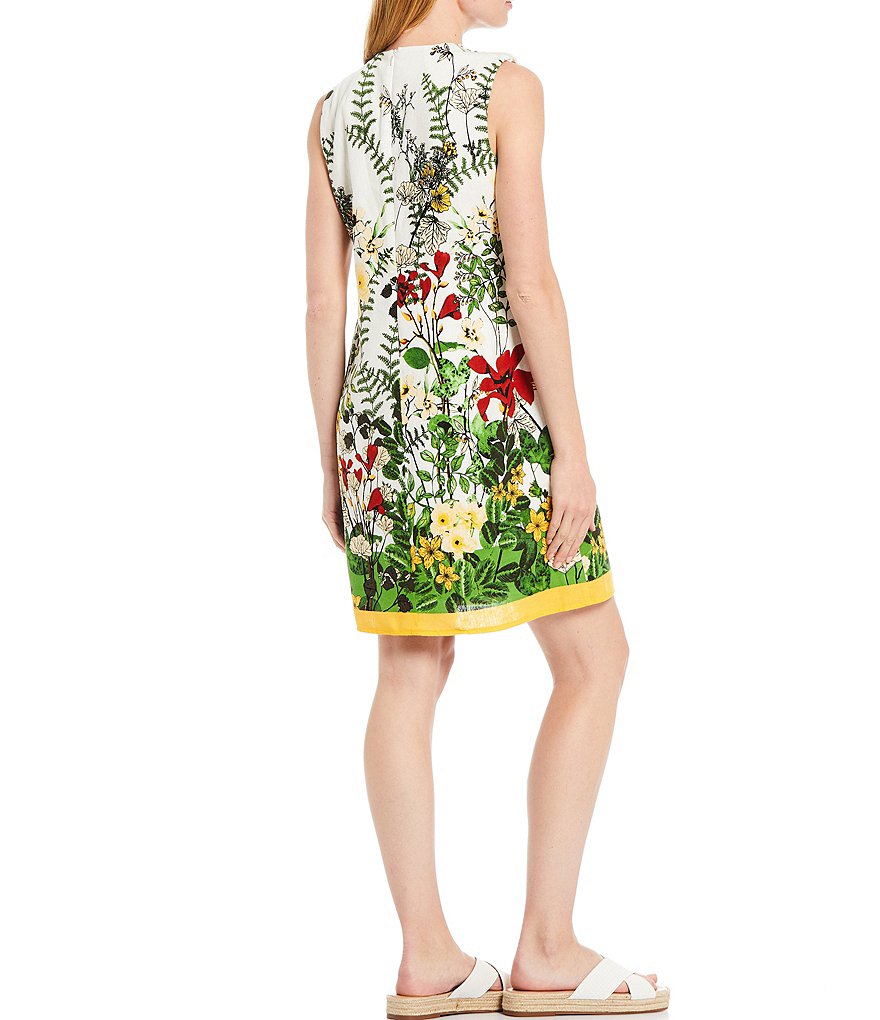 London Times Retro Botanical Border Print V-Neck Shift Dress