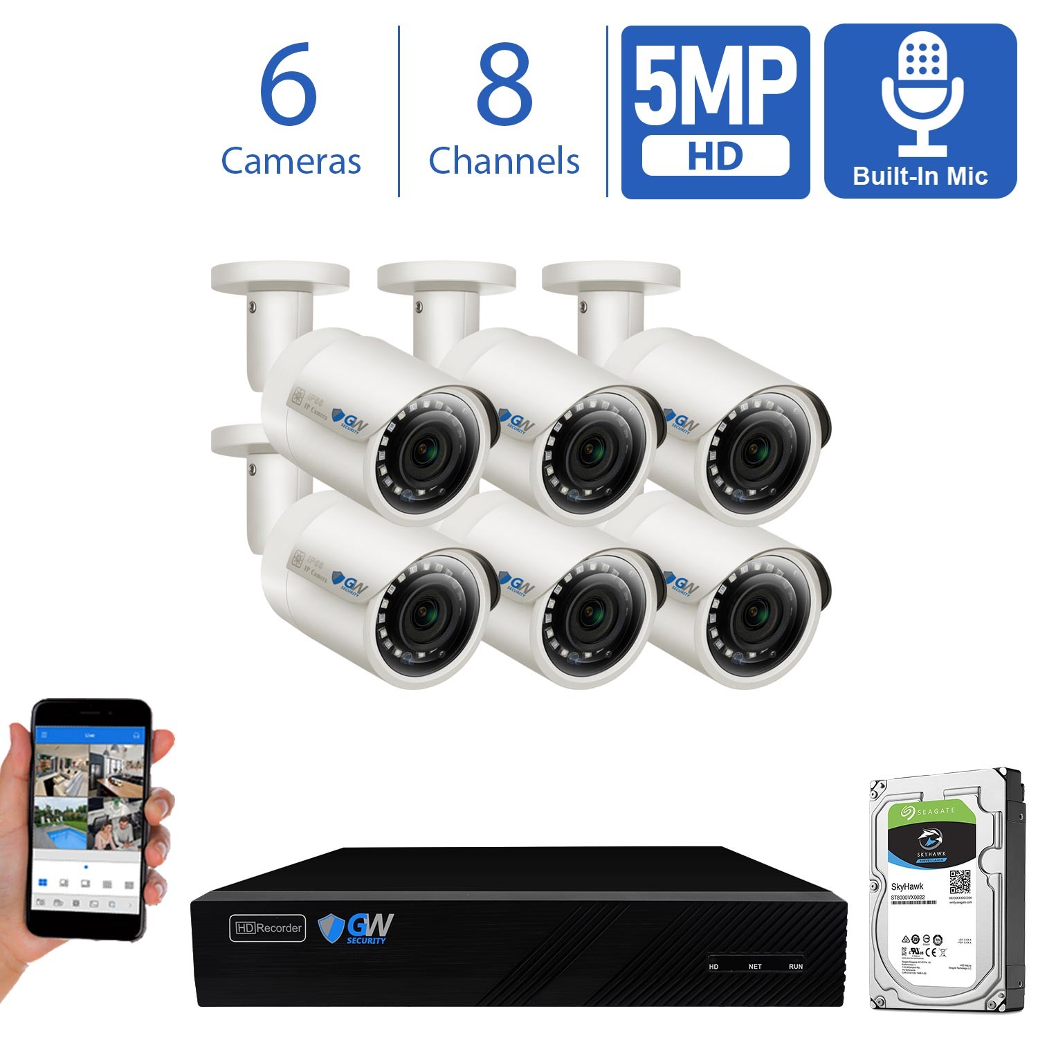 GW Smart AI PoE IP Video & Audio Security Camera System, 32CH 4K NVR with 24 x 5MP 1920P IP Bullet Camera, Day/Night Weather Proof, Human Detection, 8TB