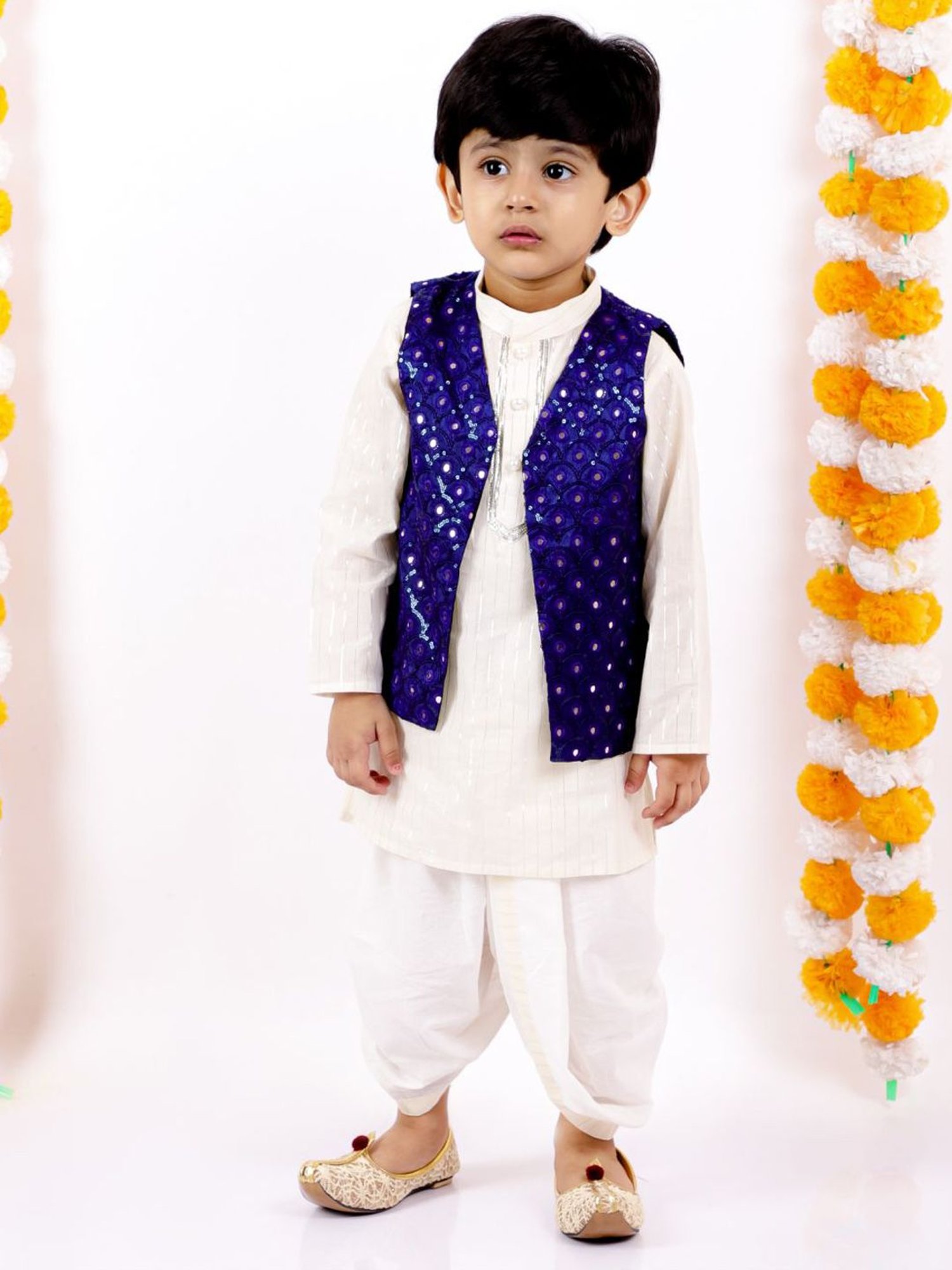 Little Bansi Kids Blue & White Cotton Embellished Kurta Set