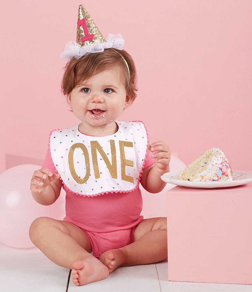 Mud Pie Baby Girls Birthday One Dotted and Sequin Bib & Hat Set