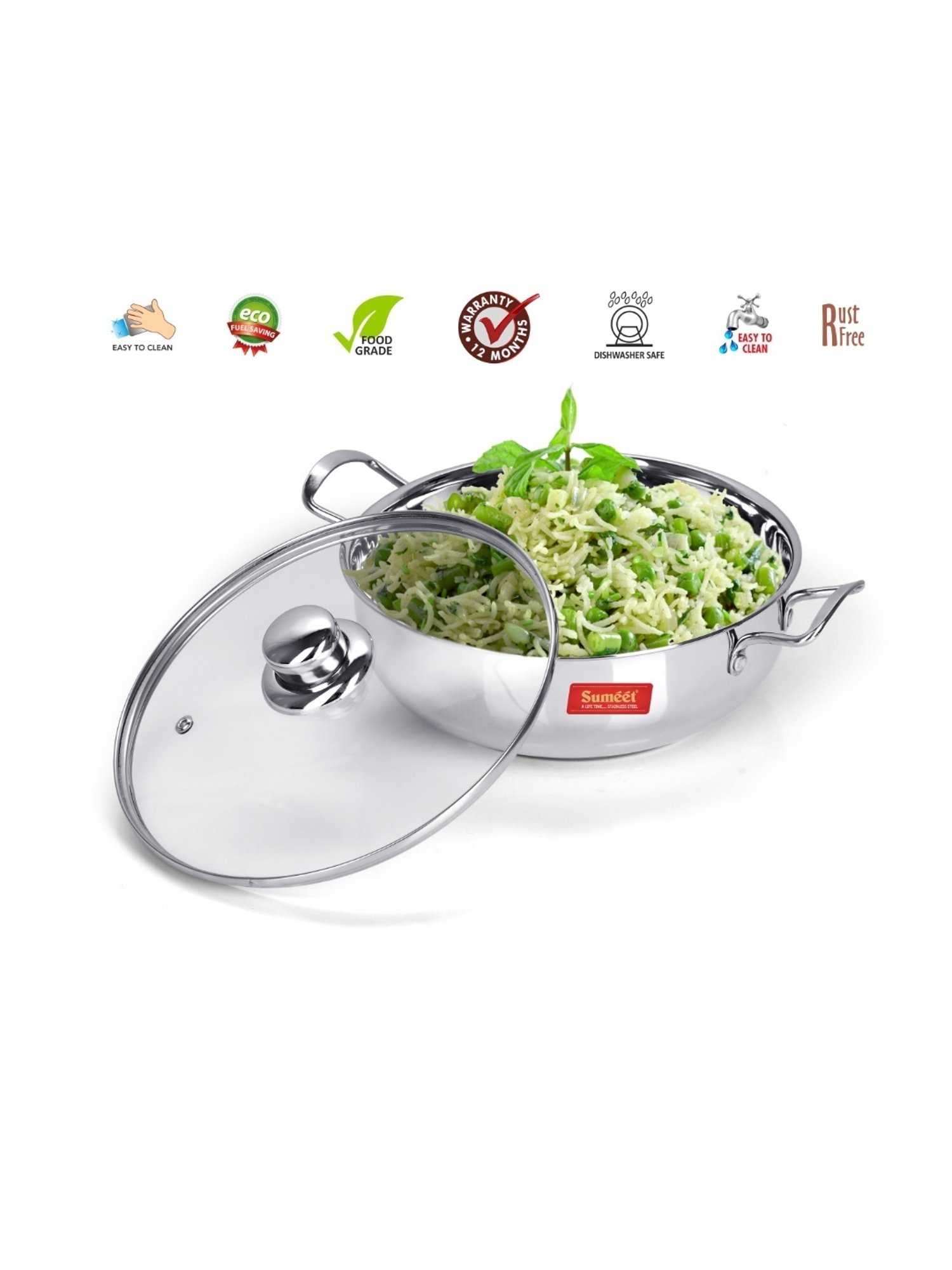 Sumeet Stainless Steel Induction Bottom  Kadhai With Glass Lid Size No.15 (3.8 LTR)