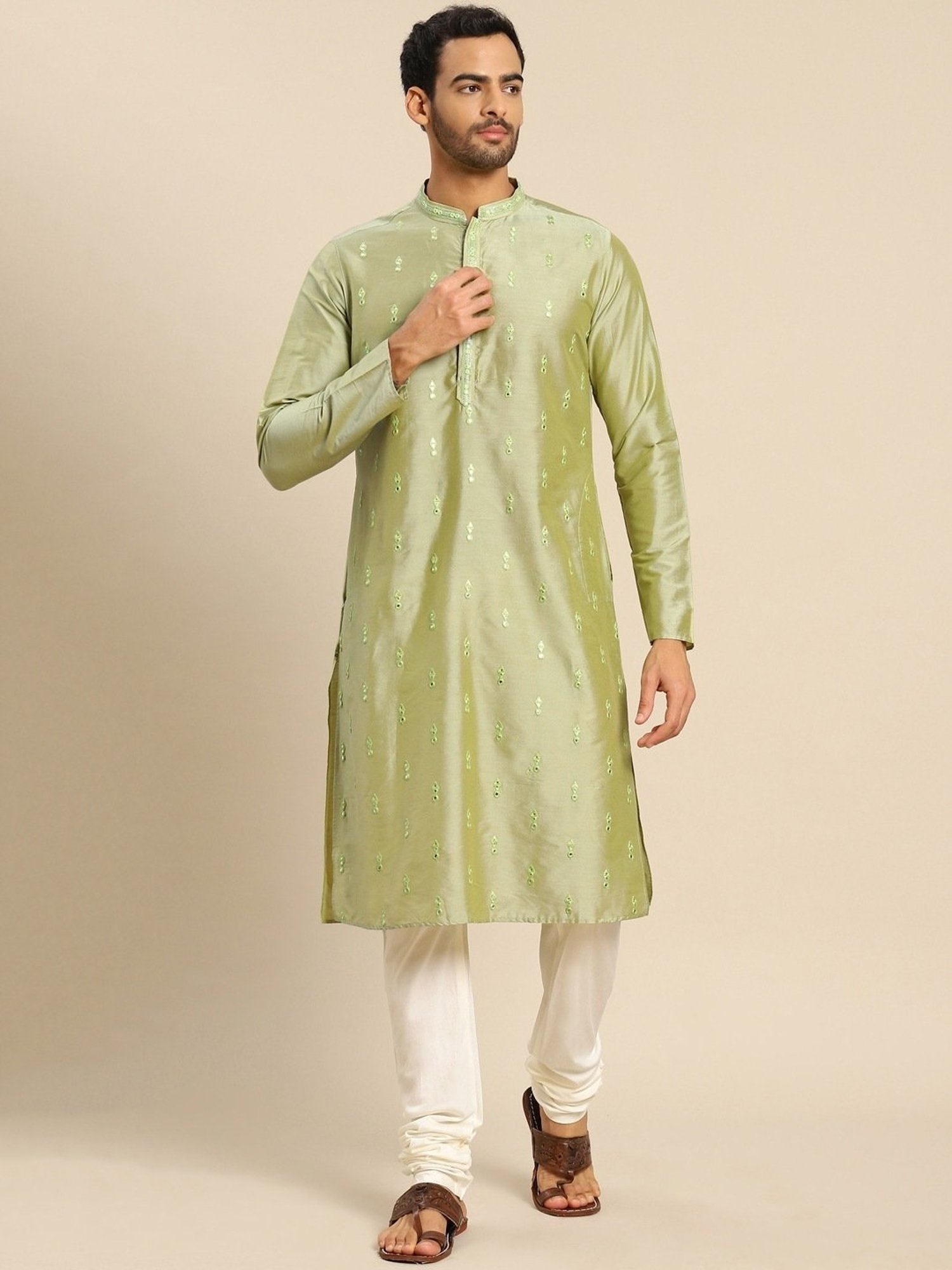 KISAH Mid Green Regular Fit Embroidered Kurta Bottom Set