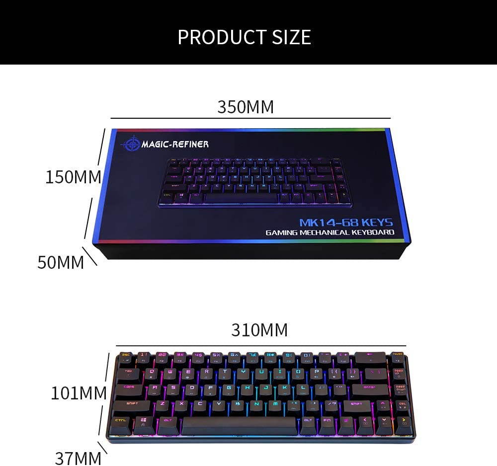 CUUWE Portable RGB Gaming Office Magic Refiner MK14 60% Mechanical Keyboard USB 68 Keys Backlit Anti-ghosting Keyboard for PC Laptop (Blue Switch)