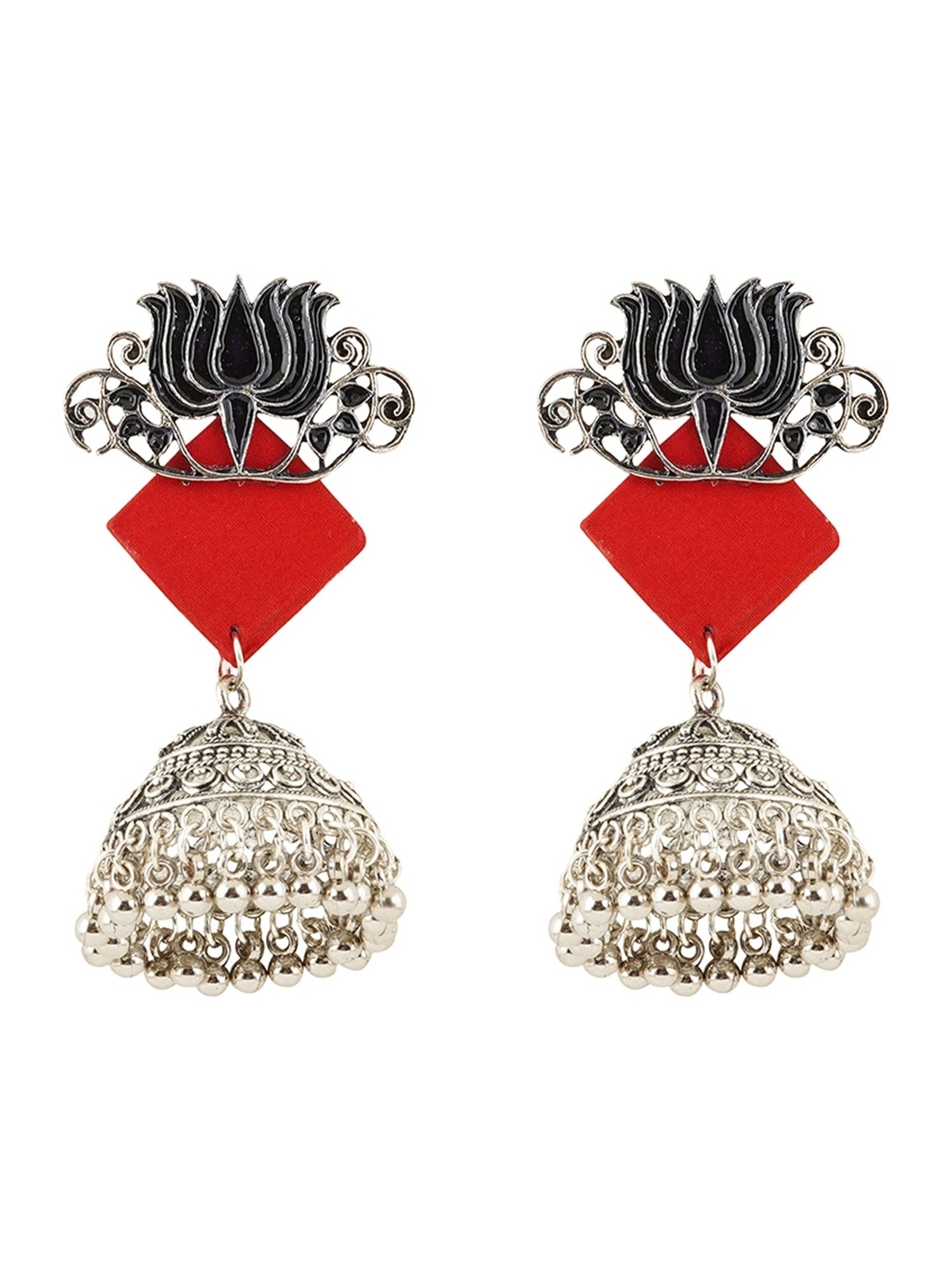 Teejh Ethnic Helna Black and Red Silver Oxidized Jhumki Earring