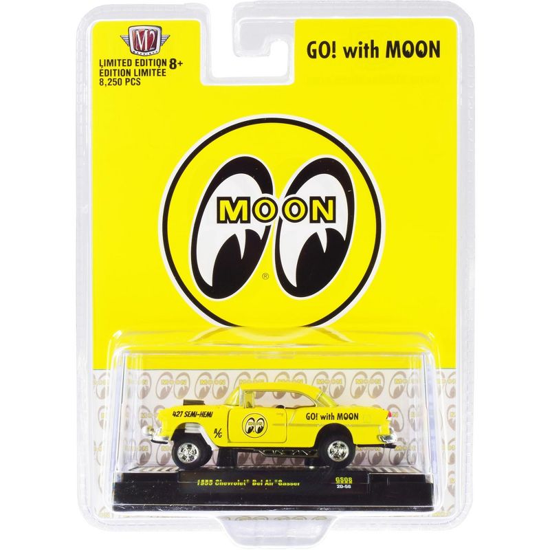 1955 Chevrolet Bel Air Gasser Bright Yellow "Mooneyes" Limited Edition to 8250 pieces 1/64 Diecast Model Car by M2 Machines