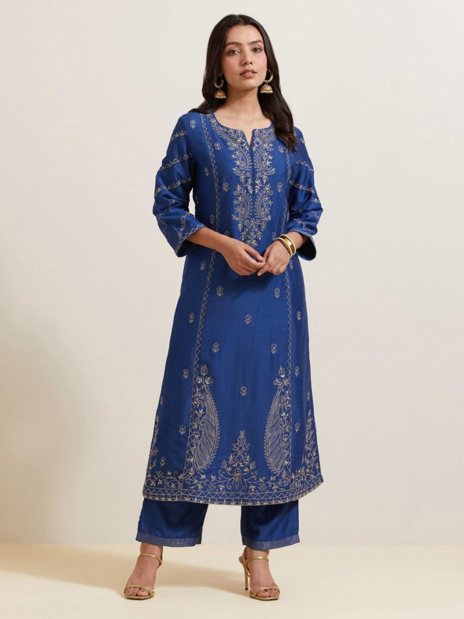 Priya Chaudhary Blue Afreen Embroidered Chanderi Silk Kurta with Pants and Shimmer Organza Dupatta