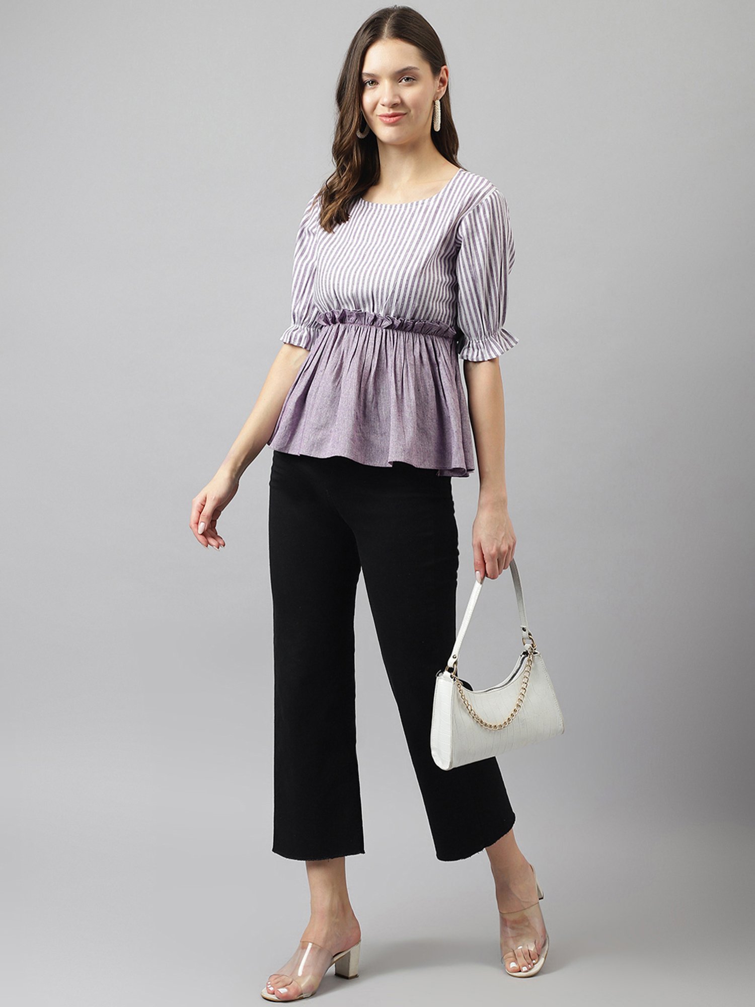 KERI PERRY Purple & White Cotton Striped Top