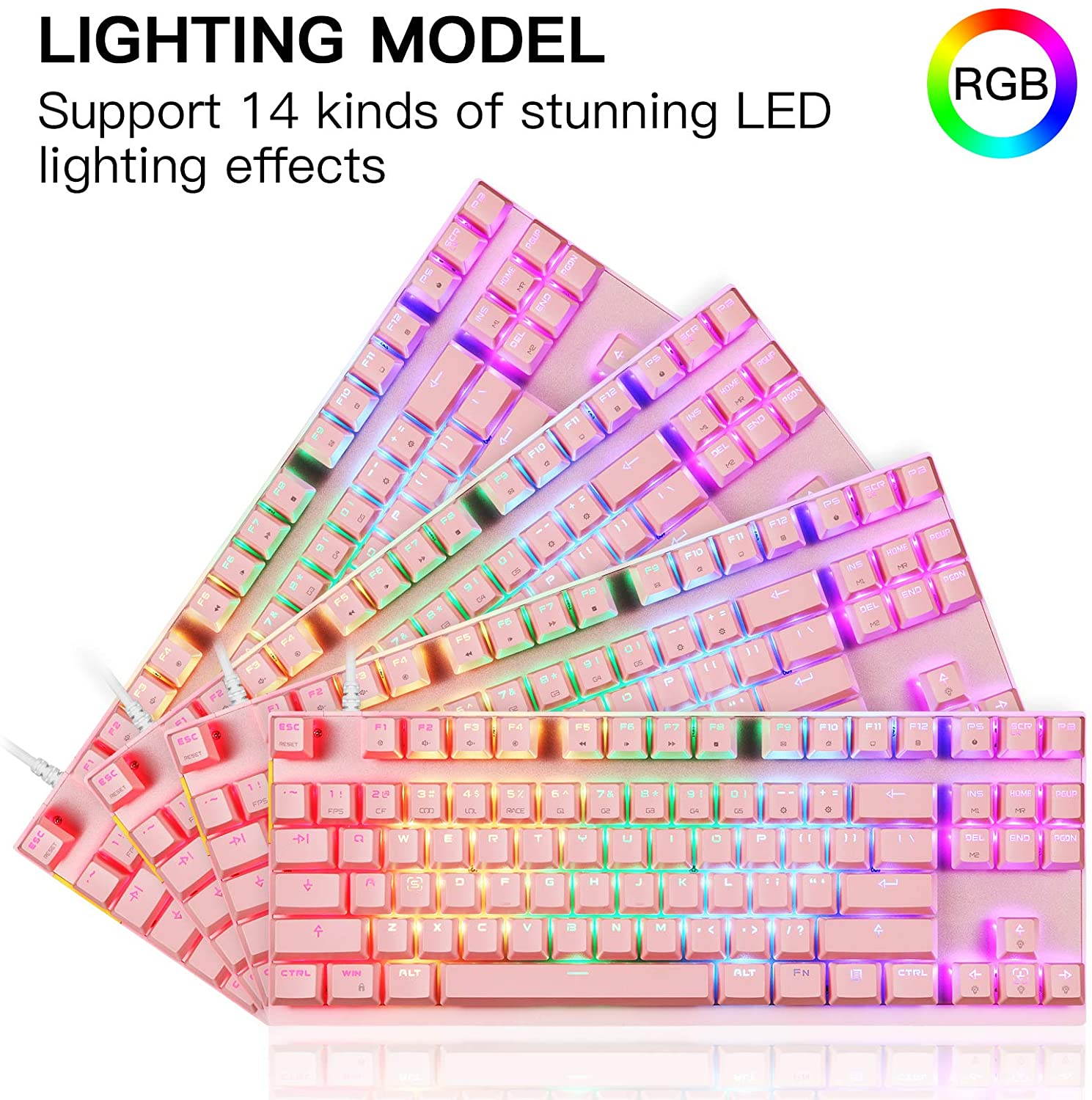 MOTOSPEED Professional Gaming Mechanical Keyboard RGB Rainbow Backlit 87 Keys Illuminated Computer USB Gaming Keyboard for Mac & PC Pink(Pink Keyboard Blue Switch)
