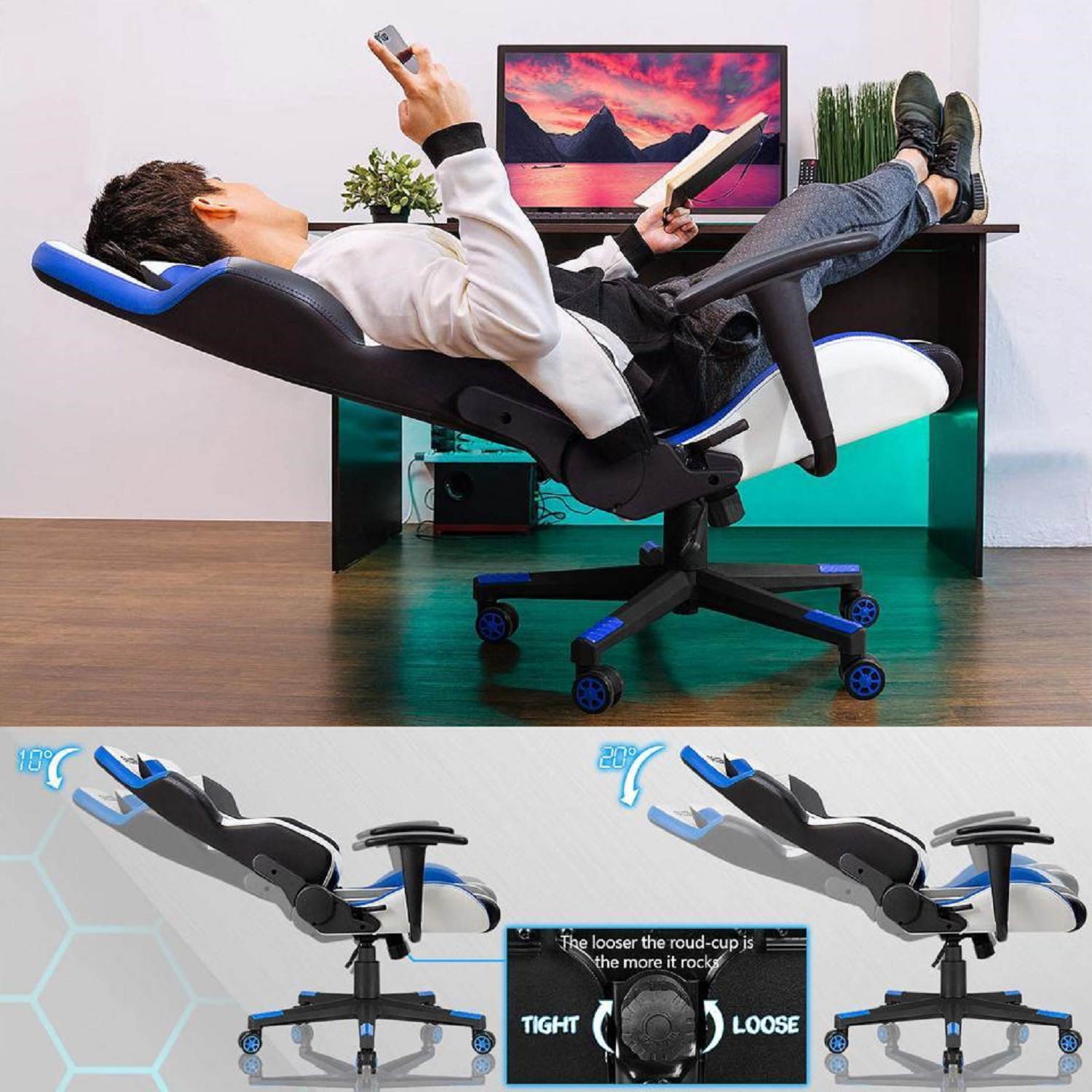Homall Gaming Chair Racing Style High-Back PU Leather Office Chair Computer Desk Chair Executive and Ergonomic Swivel Chair with Headrest and Lumbar Support (Blue)