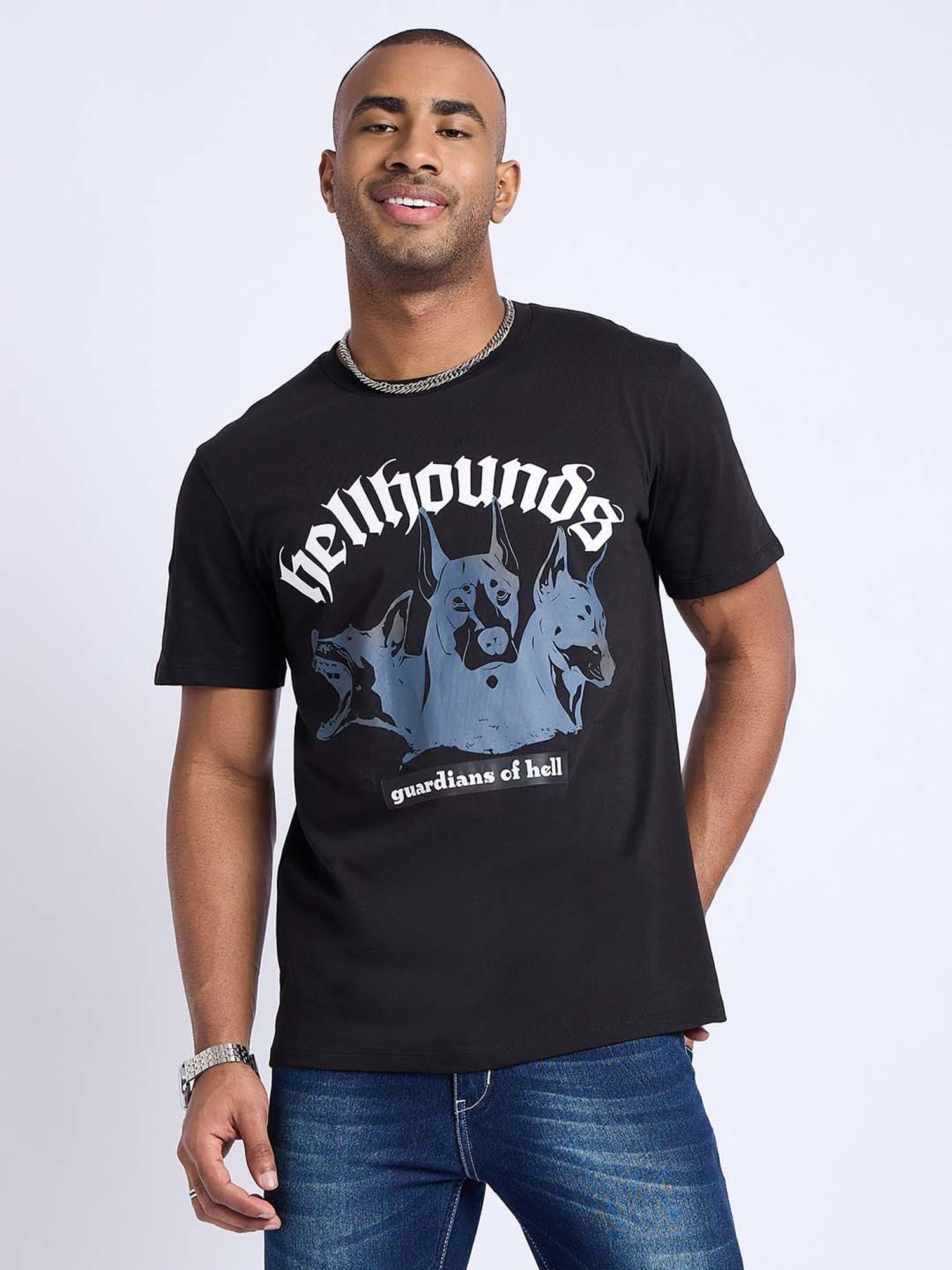 EDRIO Black Regular Fit Graphic Print Crew T-Shirt