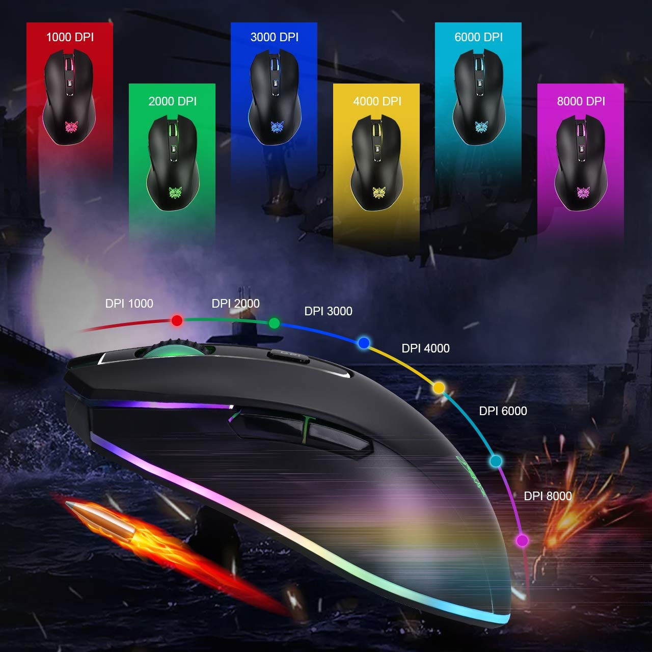 ONIKUMA M190 RGB LED Light Pro Over-Ear 7.1 Surround Sound Noise Cancelling Gaming Headset Headphones Microphone Bundle with 8000 DPI RGB Wired Mouse for PC, MAC, Desktop, Laptop Computer