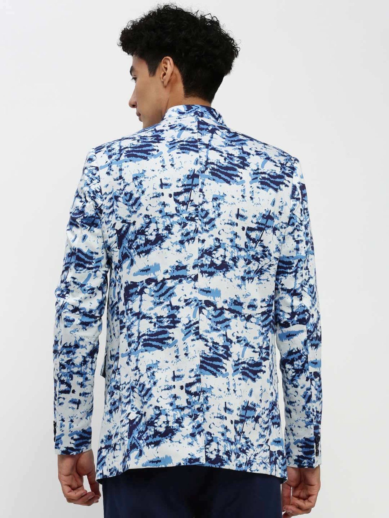 SHOWOFF White & Blue Slim Fit Printed Blazer