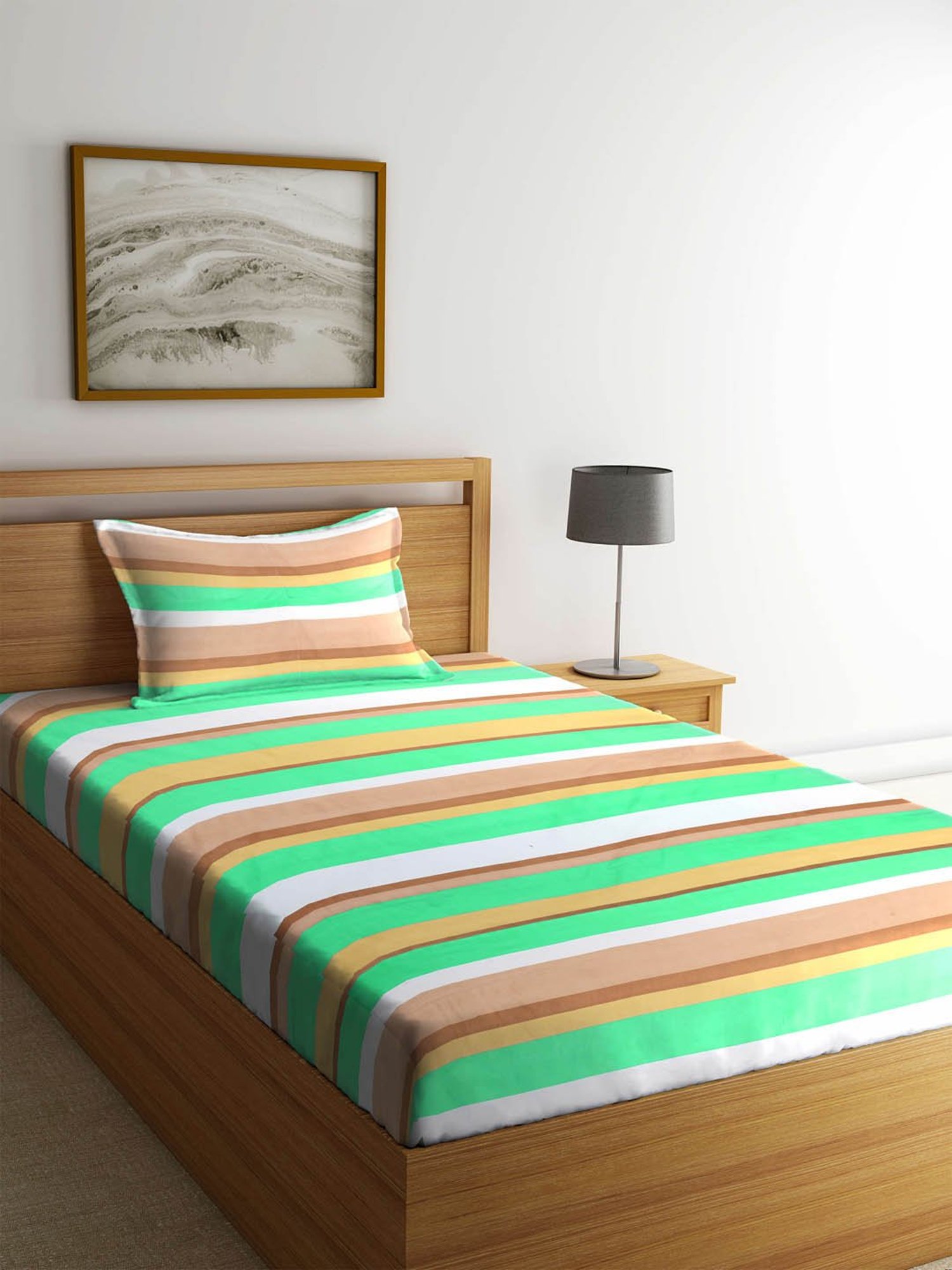Klotthe Stripes Green & Brown 300 TC Cotton Single Bedsheet with 1 Pillow Cover