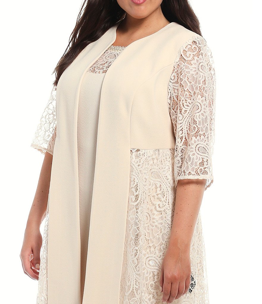 Le Bos Plus Size Round Neck 3/4 Sleeve Lace Panel 2 Piece Stretch Knit Duster Jacket Dress