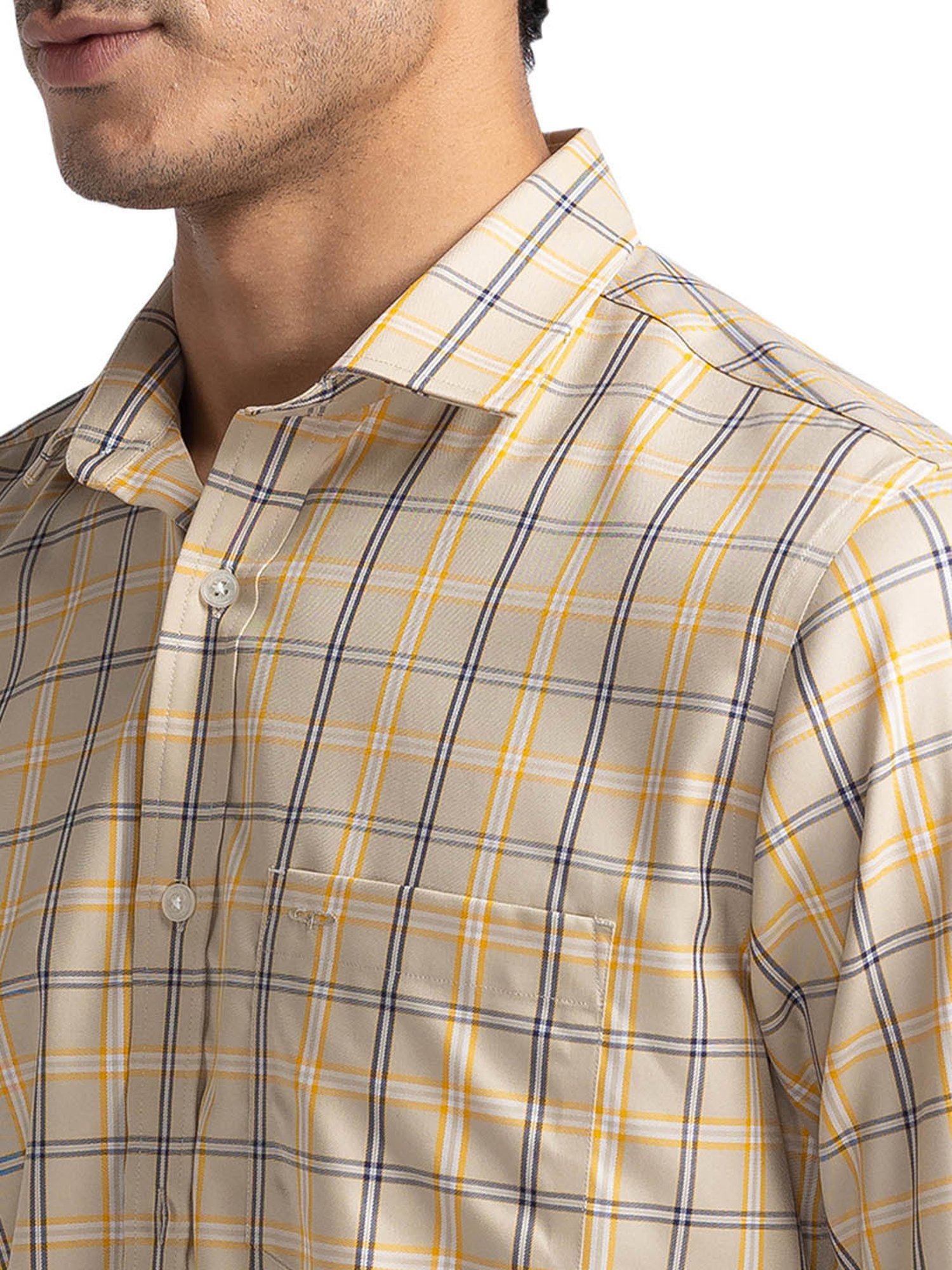 ColorPlus Beige Cotton Tailored Fit Checks Shirt