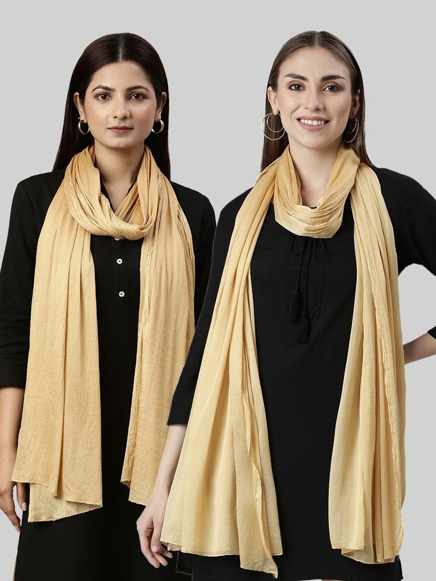 TWIN BIRDS Golden Plain Dupatta - Pack Of 2