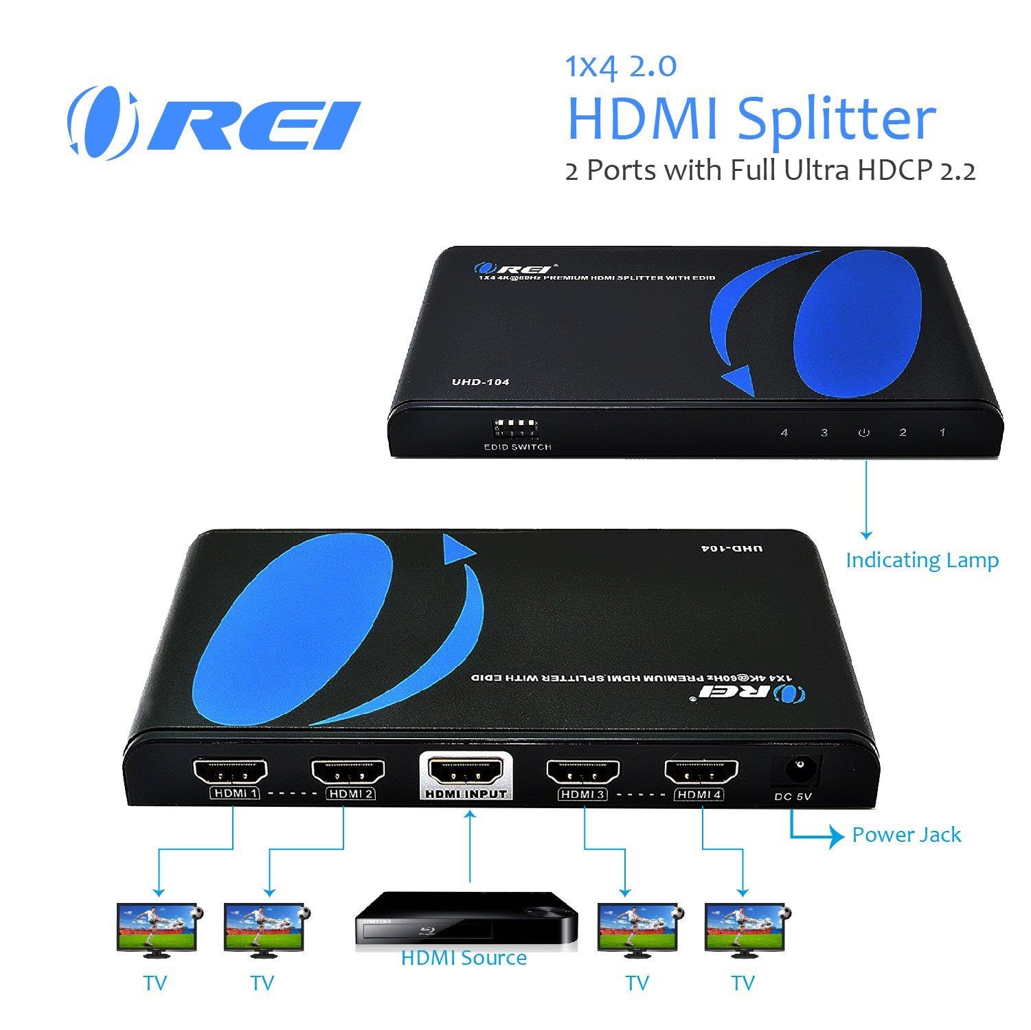 Orei 1x4 2.0 HDMI Splitter 2 Ports with Full Ultra HDCP 2.2, 4K at 60Hz & 3D Supports EDID Control - UHD-104