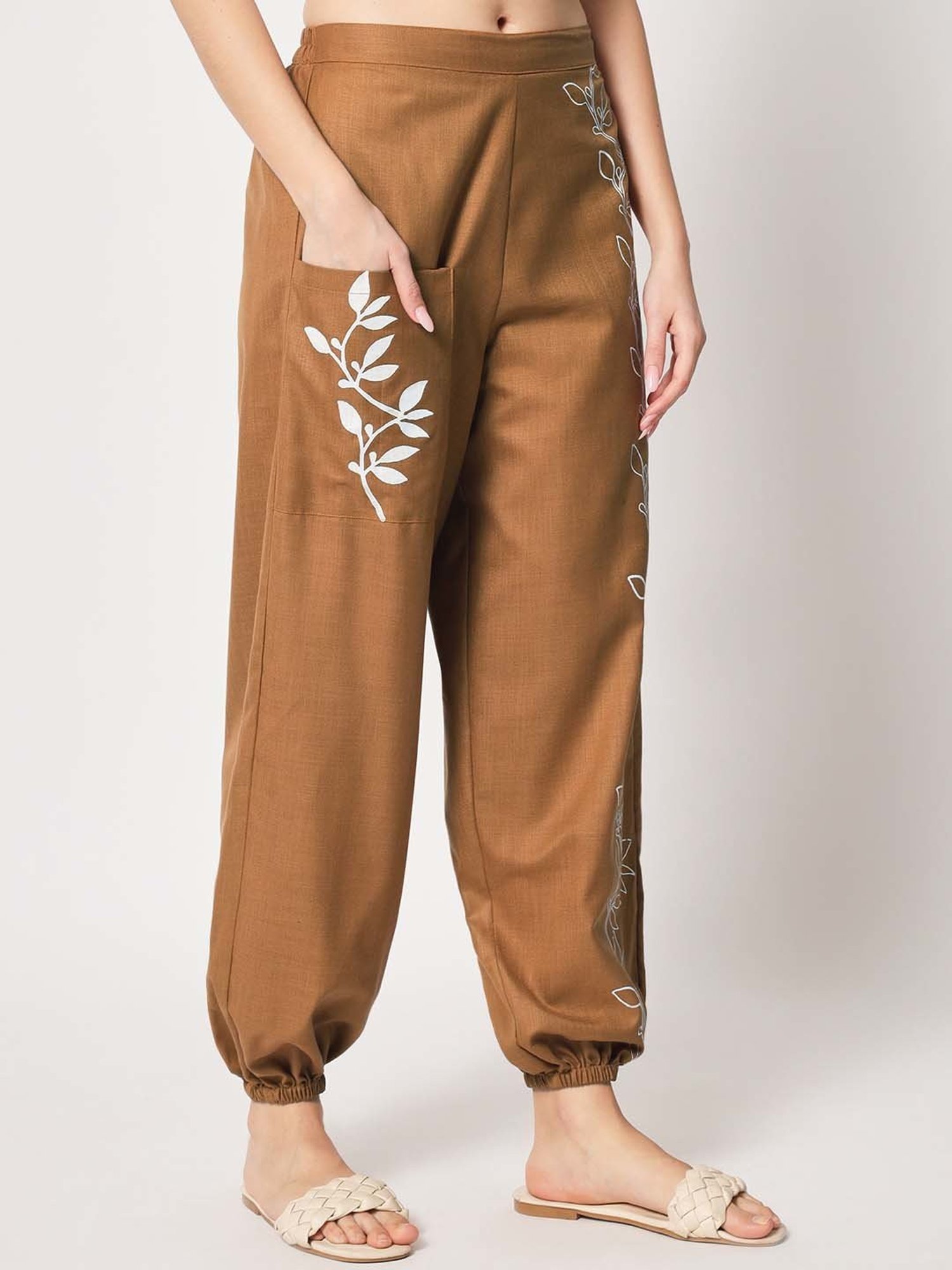 9rasa Brown Cotton Printed Trousers