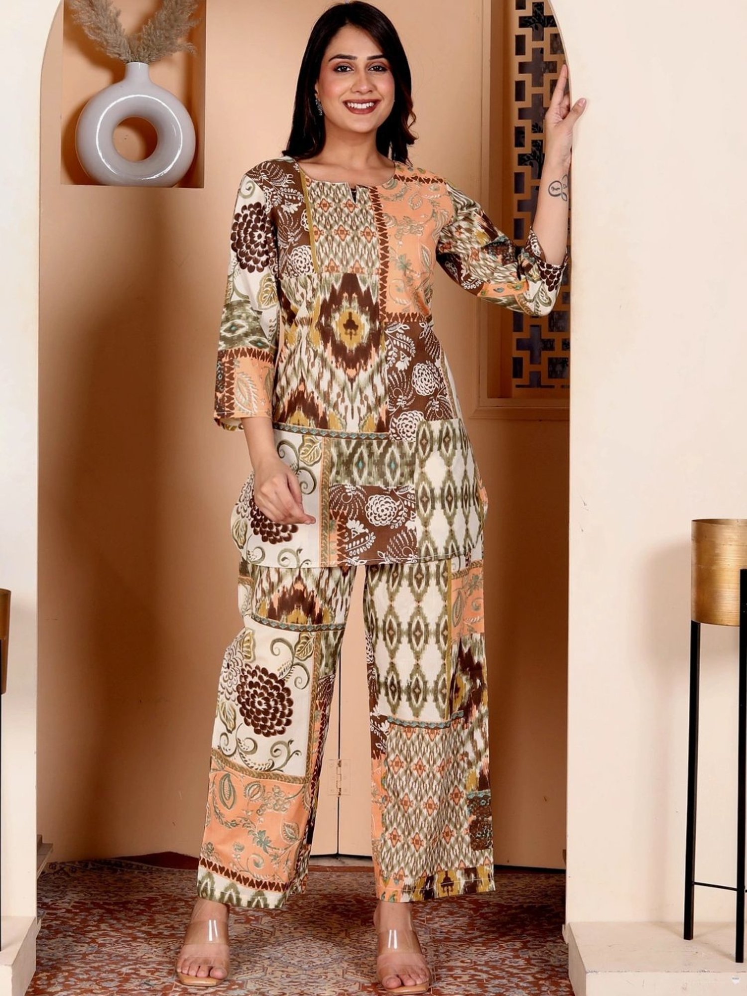 Kaftanize Brown Ikkat Patches Printed Cotton Tunic with Pant