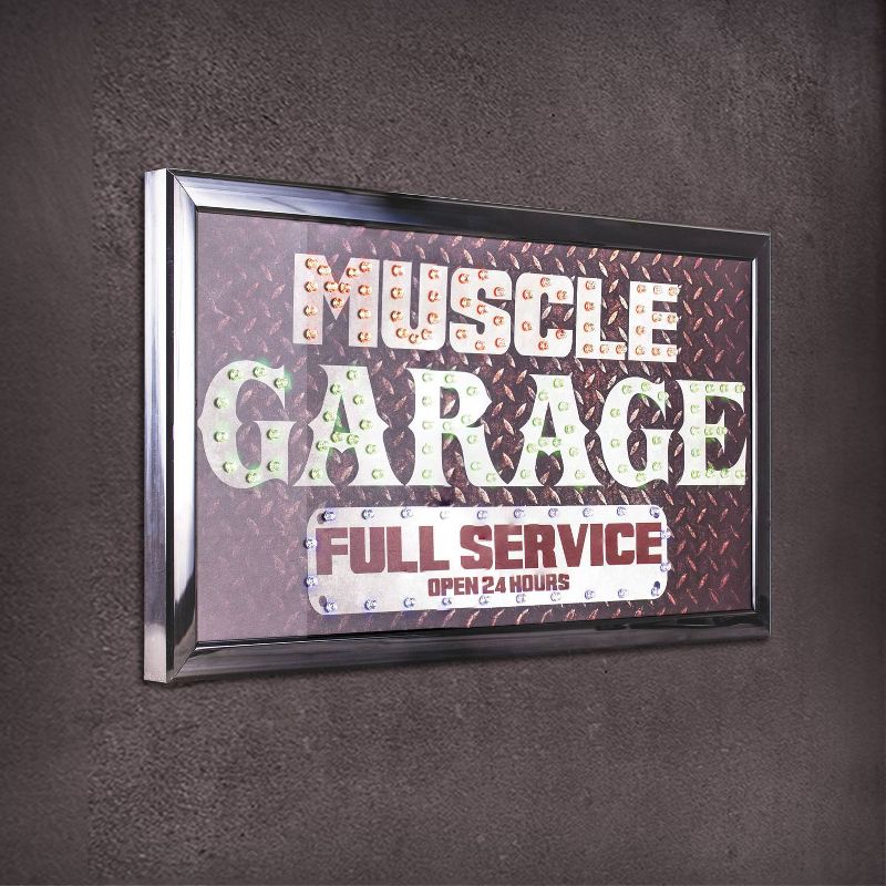Muscle Garage Full Service Open 24 Hours Framed LED Sign Gray/Brown - Crystal Art Gallery