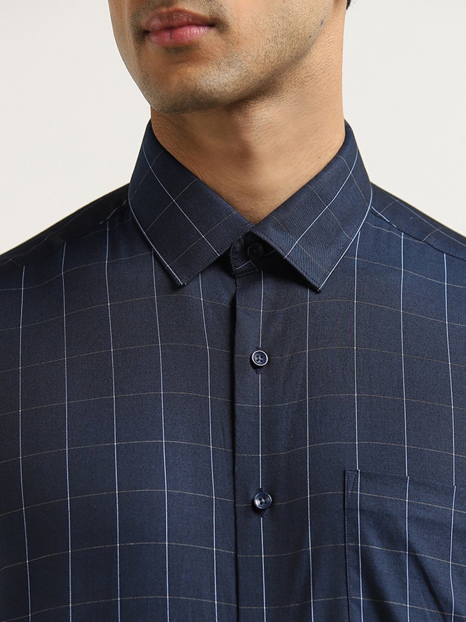 WES Formals by Westside Indigo Checks Printed Slim-Fit Cotton Shirt