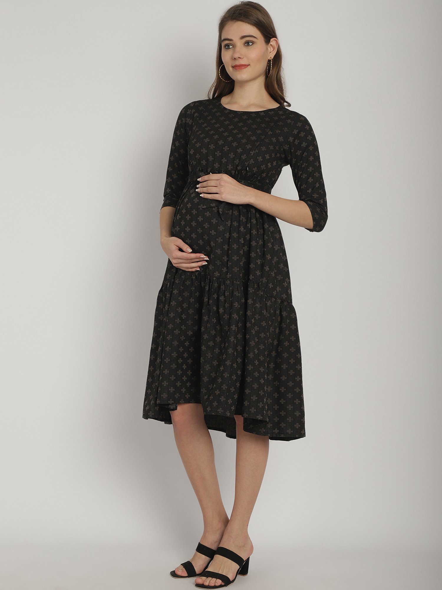 Moms Maternity Black Printed Maternity Midi Dress