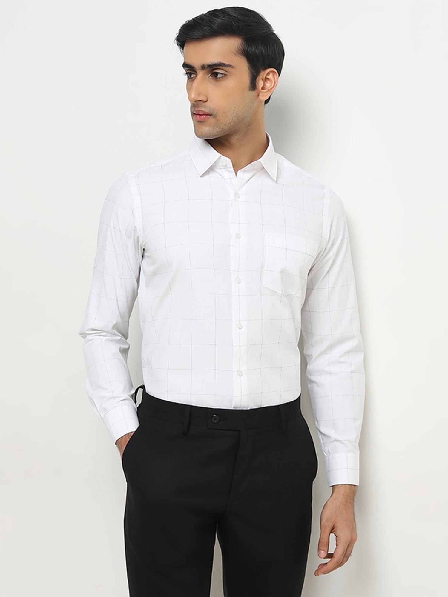 WES Formals by Westside White Checks Printed Slim-Fit Shirt