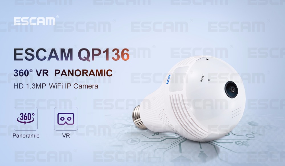 ESCAM QP136 960P Bulb WIFI IP Security Camera 360 Degree Panoramic H.264 Infrared Indoor Motion Detection