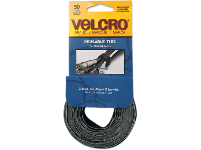Velcro 90924 Reusable Self-Gripping Ties, 1/2 x Eight Inches, Black/Gray, 50 Ties/Pack