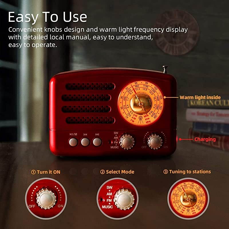 J-160 AM FM Radio Retro Bluetooth Speaker, Transistor Radio Portable Battery Operated Radio with Classical Vintage Look, Built-in USB Port, Micro-SD, AUX Input(Gold)