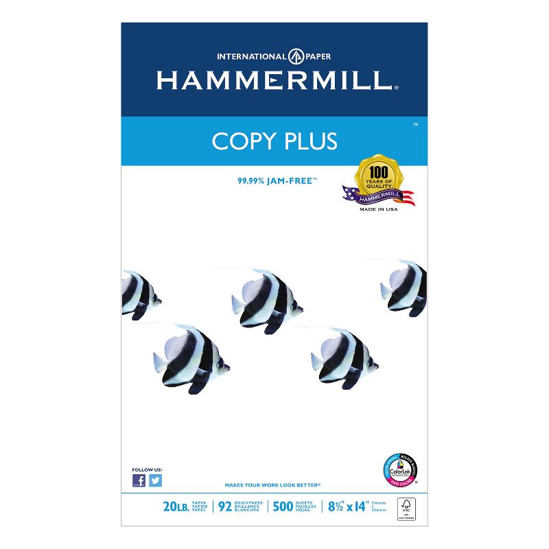 Hammermill Copy Plus Copy Paper 92 Brightness 20lb 8-1/2 x 14 White 500 Sheets/Ream 105015