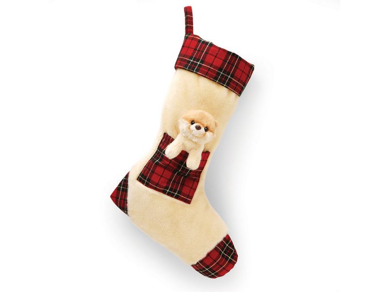 Gund 15" Beige and Red Dog Plaid Christmas Stocking