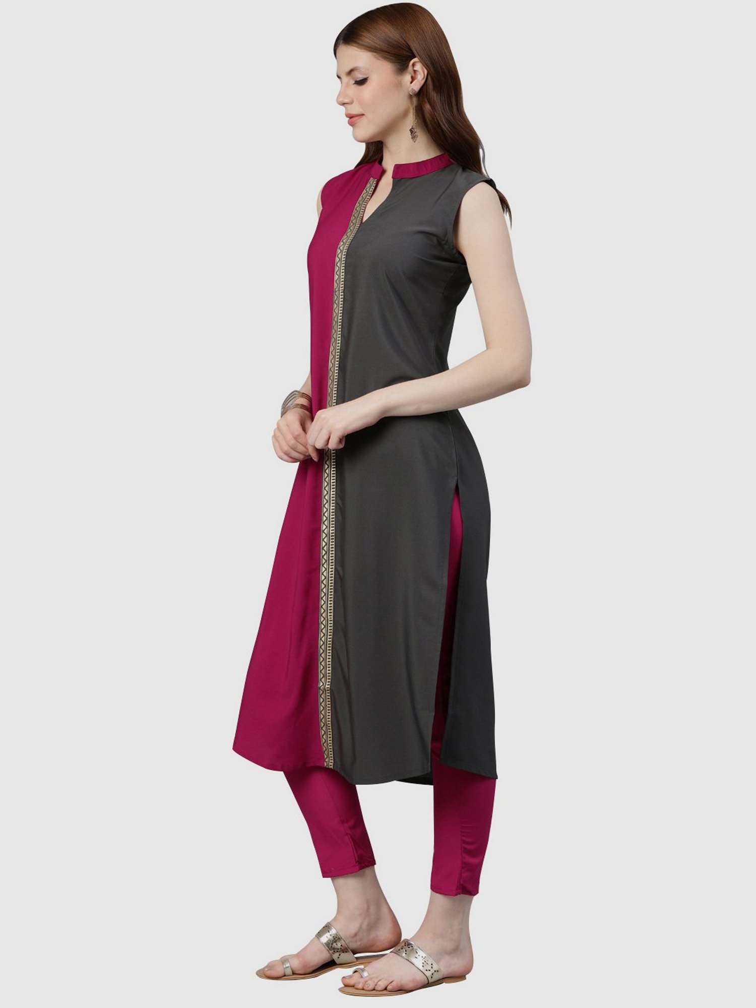 Ziyaa Grey & Pink Printed Straight Kurta