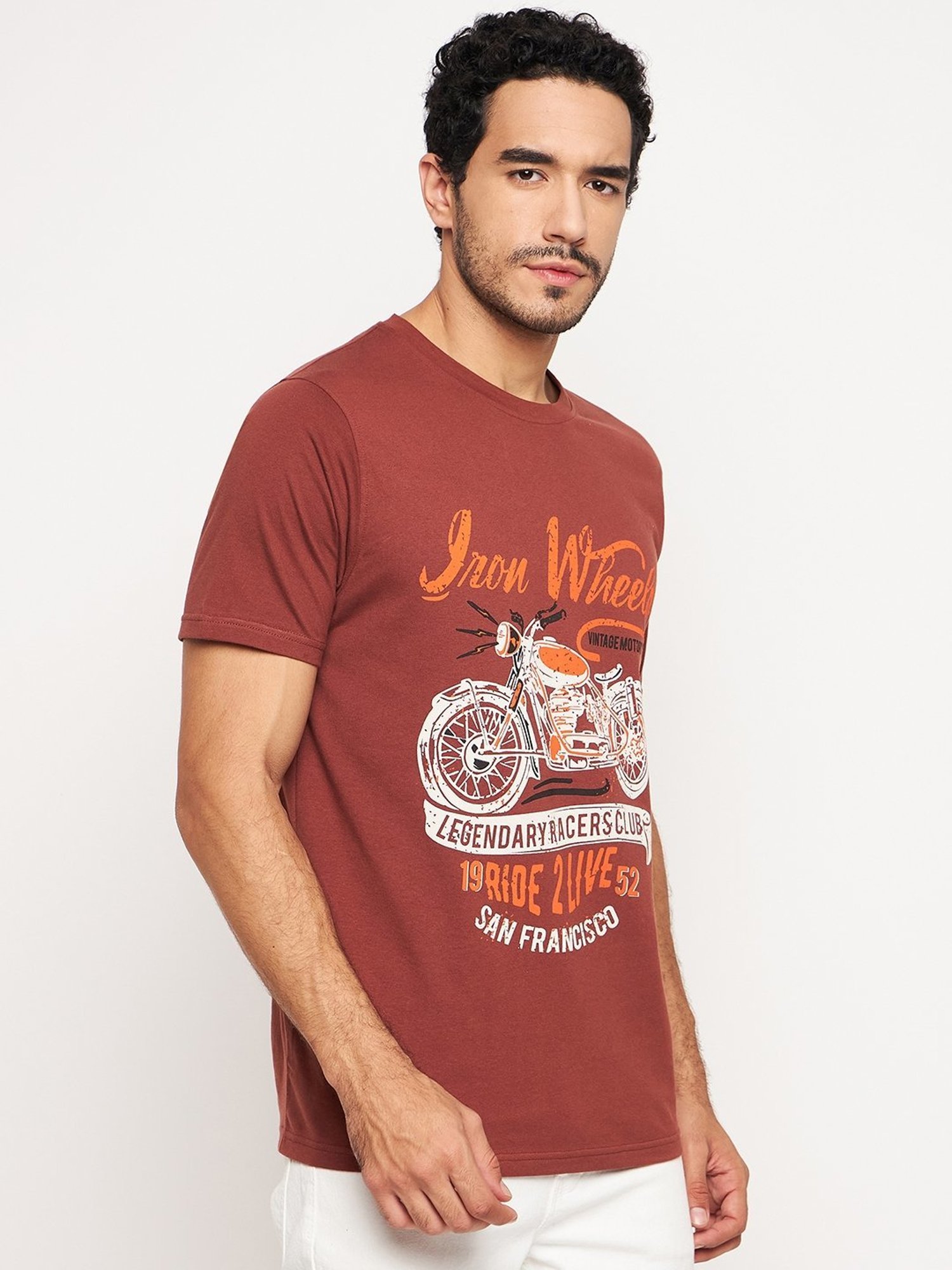 Club York Brown Cotton Regular Fit Printed T-Shirt