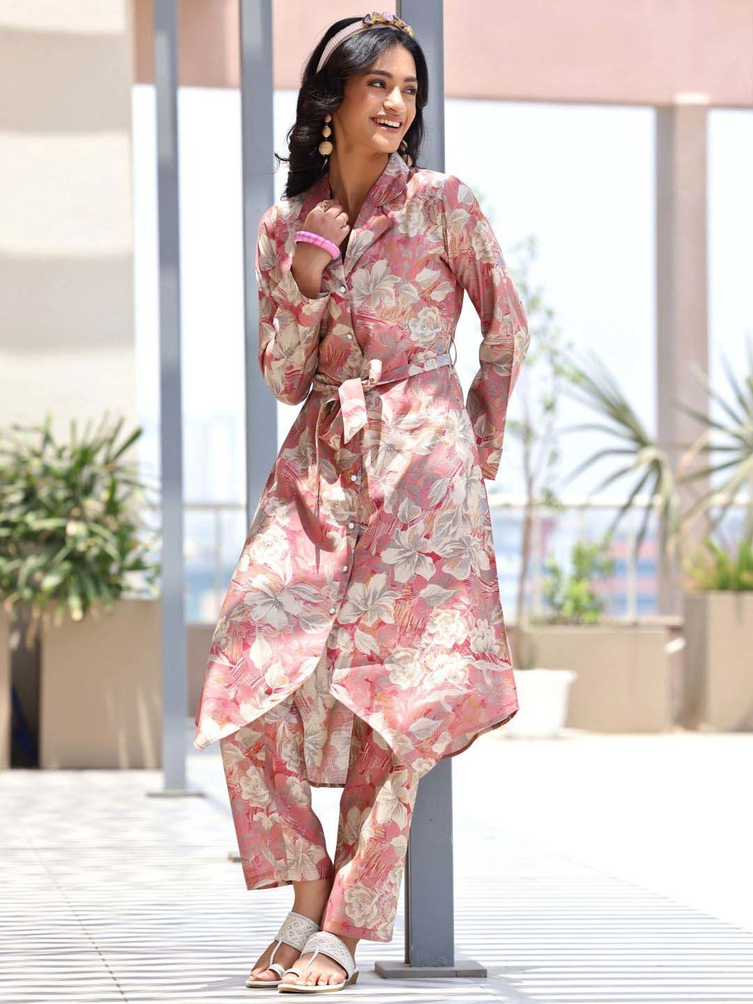 Libas Pink Printed Silk Blend Co-Ords