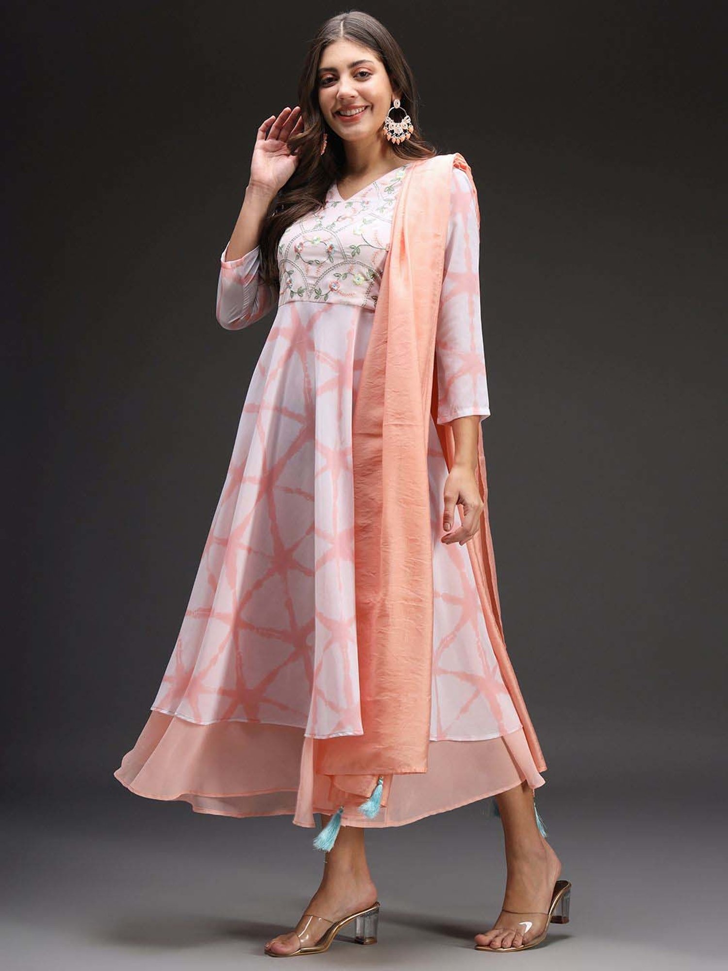 Heeposh Peach Printed Dress With Dupatta