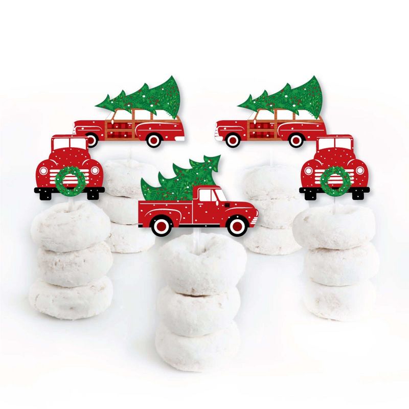Big Dot of Happiness Merry Little Christmas Tree - Dessert Cupcake Toppers - Red Truck and Car Christmas Party Clear Treat Picks - Set of 24