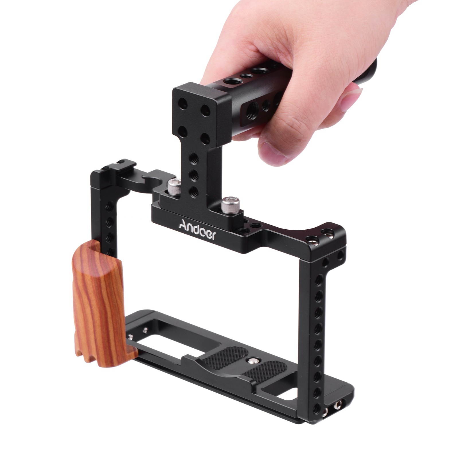 Andoer Aluminum Alloy Camera Cage Kit Protective Vlog Cage with Wooden Hand Grip Metal Top Handle Film Making System with Cold Shoe for Microphone Fill Light Compatible with Fujifilm X-T4 ILDC Camera