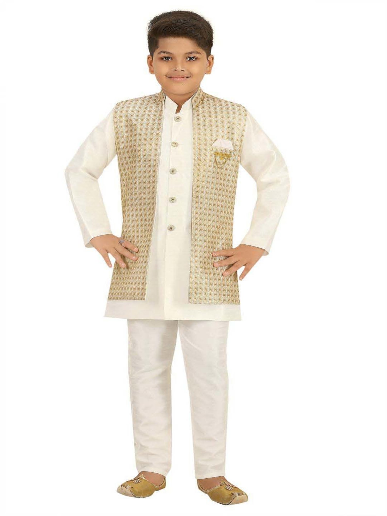 Ahhaaaa Kids Cream & White Embellished Full Sleeves Kurta Set