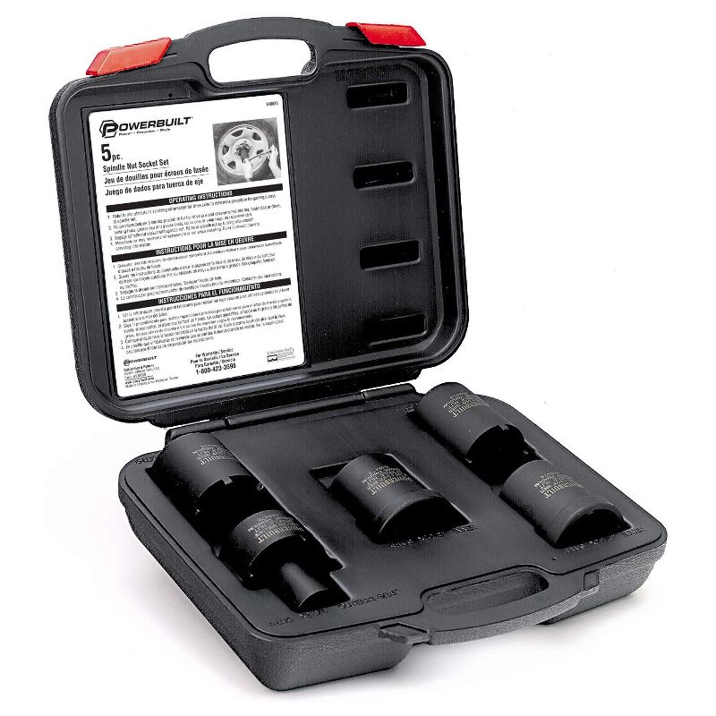Powerbuilt 648636 Universal Heavy Duty Automotive 5 Piece Spindle Nut Socket Kit with Carrying Case