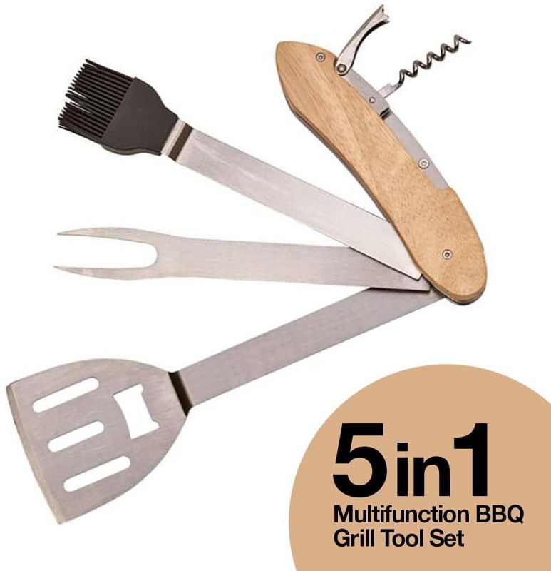 5 in 1 Multifunction BBQ Grill Tool Set, Stainless Steel Spatula, Fork, Basting Brush Cork Screw Camping Accessories for Outdoor Barbecue Camping Grill Cooking Utensils Set, Men Grilling Accessories