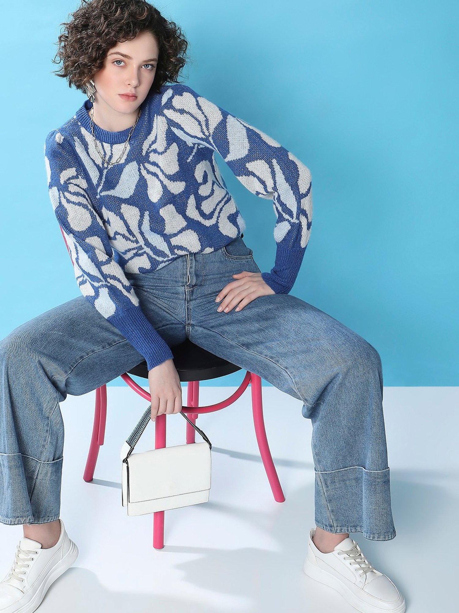 Vero Moda Blue & White Printed Pullover