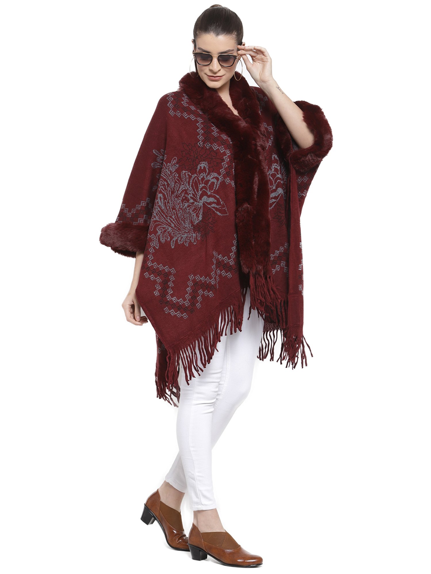 Mafadeny Maroon Self Design Poncho