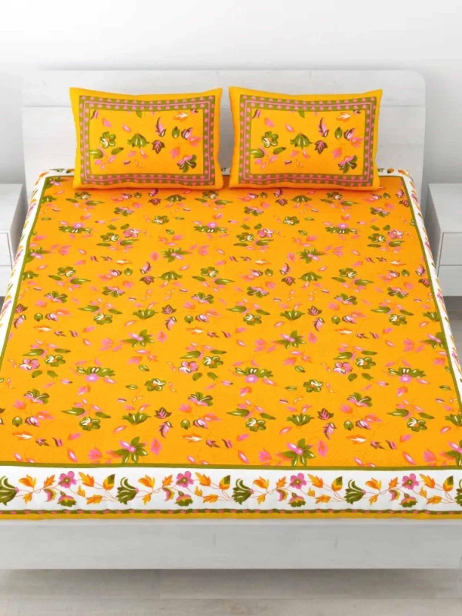 Living Roots Printed Yellow 240 TC Cotton Bedsheet with 2 Pillow Covers