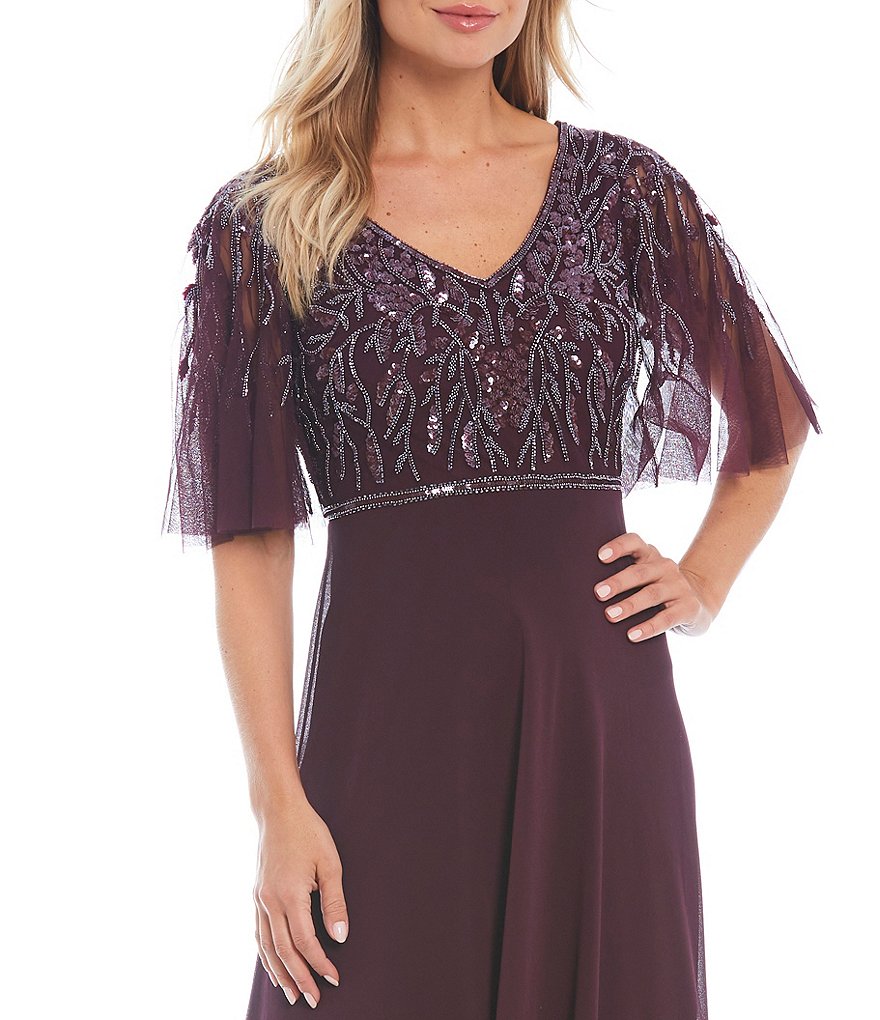 Jkara V-Neck Beaded Bodice Short Flutter Sleeve Gown