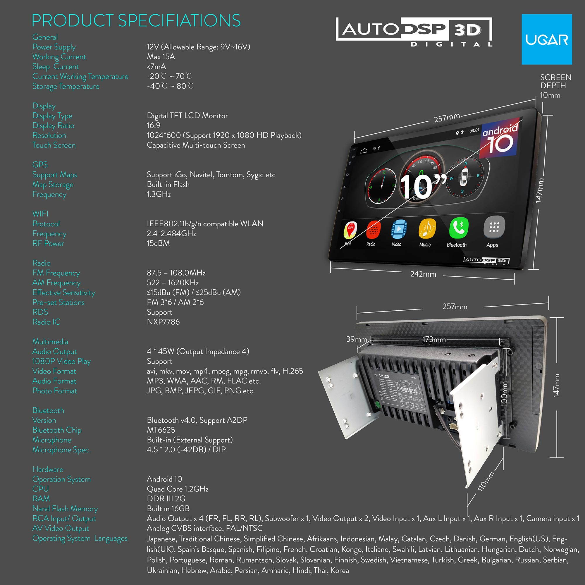 UGAR 10" EX10-L-DSP Universal Car Stereo with Front and Backup Camera 2GB 16GB Android 10.0 DSP Head Unit Double Din Touch Radio Auto Car Audio Indash GPS Navigation with Bluetooth WiFi Mirroring